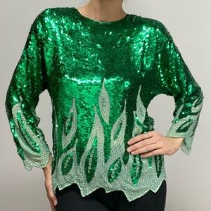 Vintage Handmade Emerald Green Sequin & Beaded Scalloped Edge Dolman Sleeve Top